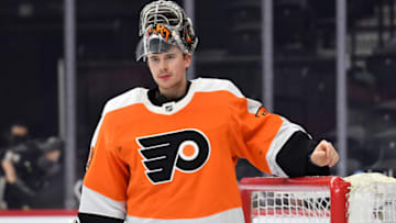 Apr 6, 2021; Philadelphia, Pennsylvania, USA; Philadelphia Flyers goaltender Carter Hart (79) against the Boston Bruins at Wells Fargo Center. Mandatory Credit: Eric Hartline-USA TODAY Sports