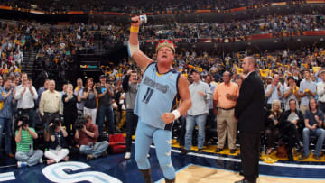 MEMPHIS, TN - APRIL 25: Professional wrestler Jerry 'The King' Lawler addresses the crowd in Game Three of the Western Conference Quarterfinals between the Los Angeles Clippers and Memphis Grizzlies during the 2013 NBA Playoffs on April 25, 2013 at FedExForum in Memphis, Tennessee. NOTE TO USER: User expressly acknowledges and agrees that, by downloading and or using this photograph, User is consenting to the terms and conditions of the Getty Images License Agreement. Mandatory Copyright Notice: Copyright 2013 NBAE (Photo by Joe Murphy/NBAE via Getty Images)