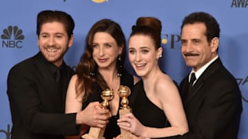 BEVERLY HILLS, CA - JANUARY 07: Michael Zegen, Marin Hinkle, Rachel Brosnahan and Tony Shalhoub attend the 75th Annual Golden Globe Awards - Press Room at The Beverly Hilton Hotel on January 7, 2018 in Beverly Hills, California. (Photo by David Crotty/Patrick McMullan via Getty Images)