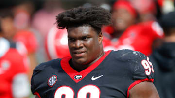 ATHENS, GA - APRIL 17: Defensive lineman Jordan Davis #99 of the Georgia Bulldogs leaves the field at the conclusion of the G-Day spring game at Sanford Stadium on April 17, 2021 in Athens, Georgia. (Photo by Todd Kirkland/Getty Images)