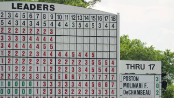 Apr 6, 2023; Augusta, Georgia, USA; A weather warning is displayed on the leaderboard at the 18th hole during the first round of The Masters golf tournament. Mandatory Credit: Kyle Terada-USA TODAY Network