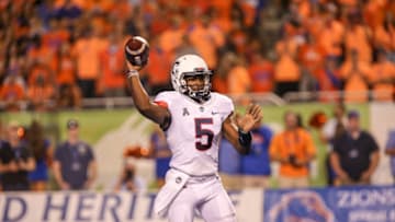BOISE, ID - SEPTEMBER 8: Quarterback David Pindell #5 of the Connecticut Huskies passes the ball during first half action against the Boise State Broncos on September 8, 2018 at Albertsons Stadium in Boise, Idaho. (Photo by Loren Orr/Getty Images)