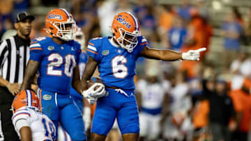 Florida Gators wide receiver Andy Jean (6) gestures for a first down during the second half during the Florida Gators Orange and Blue Spring Game at Steve Spurrier Field at Ben Hill Griffin Stadium in Gainesville, FL on Thursday, April 13, 2023. [Matt Pendleton/Gainesville Sun]Ncaa Football Florida Gators Orange Blue Spring Game