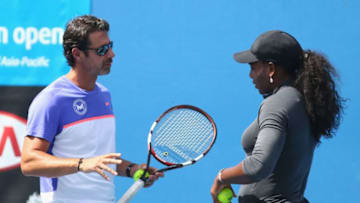 MELBOURNE, AUSTRALIA - JANUARY 19: Serena Williams of the United States speaks with her coach Patrick Mouratoglou during day two of the 2016 Australian Open at Melbourne Park on January 19, 2016 in Melbourne, Australia. (Photo by Jack Thomas/Getty Images)