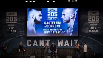 NEW YORK, NY - SEPTEMBER 27: (L-R) Kelvin Gastelum and Donald Cerrone interact with the media and fans during the UFC 205 press event at Madison Square Garden on September 27, 2016 in New York City. (Photo by Jeff Bottari/Zuffa LLC/Zuffa LLC via Getty Images)