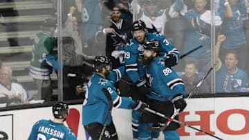 Jun 12, 2016; San Jose, CA, USA; San Jose Sharks center Logan Couture (39) celebrates with teammates after scoring a goal against the Pittsburgh Penguins in the second period of game six of the 2016 Stanley Cup Final at SAP Center at San Jose. Mandatory Credit: John Hefti-USA TODAY Sports