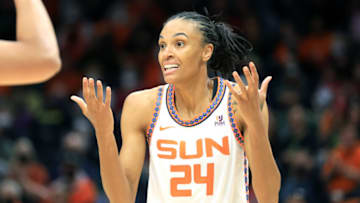 SEATTLE, WASHINGTON - JUNE 05: DeWanna Bonner #24 of the Connecticut Sun reacts after being called for a personal foul during the second quarter against the Seattle Storm at Climate Pledge Arena on June 05, 2022 in Seattle, Washington. NOTE TO USER: User expressly acknowledges and agrees that, by downloading and or using this photograph, User is consenting to the terms and conditions of the Getty Images License Agreement. (Photo by Abbie Parr/Getty Images)