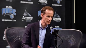 ORLANDO, FL - JUNE 22: Orlando Magic President of Basketball Operations Jeff Weltman addresses the media during the 2017 NBA Draft on June 22, 2017 at Amway Center in Orlando, Florida. NOTE TO USER: User expressly acknowledges and agrees that, by downloading and or using this photograph, User is consenting to the terms and conditions of the Getty Images License Agreement. Mandatory Copyright Notice: Copyright 2017 NBAE (Photo by Fernando Medina/NBAE via Getty Images)