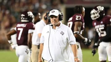 COLLEGE STATION, TEXAS - SEPTEMBER 17: Head coach Jimbo Fisher of the Texas A&M Aggies walks off the field during the second half of the game against the Miami Hurricanes at Kyle Field on September 17, 2022 in College Station, Texas. (Photo by Jack Gorman/Getty Images)