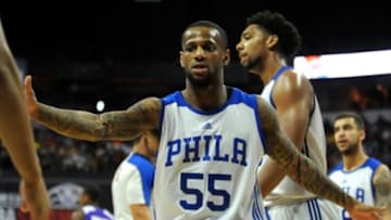 Jul 11, 2015; Las Vegas, NV, USA; Philadelphia 76ers guard Pierre Jackson (55) congratulates teammates after a time out is called during an NBA Summer League game against the Los Angeles Lakers at Thomas & Mack Center. Mandatory Credit: Stephen R. Sylvanie-USA TODAY Sports