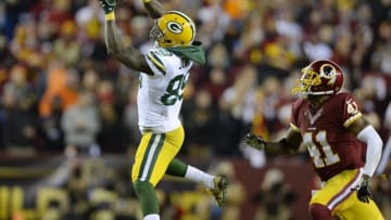 Jan 10, 2016; Landover, MD, USA; Green Bay Packers wide receiver James Jones (89) catches the ball in front of Washington Redskins cornerback Will Blackmon (41) during the first half in a NFC Wild Card playoff football game at FedEx Field. Mandatory Credit: Tommy Gilligan-USA TODAY Sports