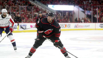 RALEIGH, NC - APRIL 18: Jordan Martinook #48 of the Carolina Hurricanes controls the puck on the ice in Game Four of the Eastern Conference First Round against the Washington Capitals during the 2019 NHL Stanley Cup Playoffs on April 18, 2019 at PNC Arena in Raleigh, North Carolina. (Photo by Gregg Forwerck/NHLI via Getty Images)
