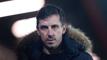 SALFORD, ENGLAND - MARCH 16: Gary Neville the co-owner of Salford City looks on after the Sky Bet League Two match between Salford City and Colchester United at Moor Lane on March 16, 2021 in Salford, England. Sporting stadiums around the UK remain under strict restrictions due to the Coronavirus Pandemic as Government social distancing laws prohibit fans inside venues resulting in games being played behind closed doors. (Photo by James Gill - Danehouse/Getty Images)