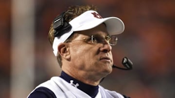Nov 21, 2015; Auburn, AL, USA; Auburn Tigers head coach Gus Malzahn looks on during the fourth quarter against the Idaho Vandals at Jordan Hare Stadium. Auburn won 56-34. Mandatory Credit: Shanna Lockwood-USA TODAY Sports