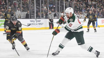 LAS VEGAS, NEVADA - MARCH 29: Eric Staal #12 of the Minnesota Wild shoots against Nate Schmidt #88 of the Vegas Golden Knights in the first period of their game at T-Mobile Arena on March 29, 2019 in Las Vegas, Nevada. (Photo by Ethan Miller/Getty Images)