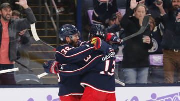 Nov 15, 2022; Columbus, Ohio, USA; Columbus Blue Jackets center Boone Jenner (38) celebrates a goal against the Philadelphia Flyers during the second period at Nationwide Arena. Mandatory Credit: Russell LaBounty-USA TODAY Sports