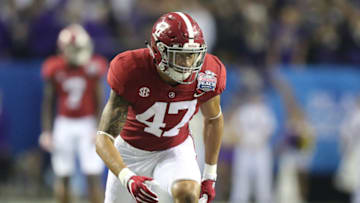 ATLANTA, GA - DECEMBER 31: Alabama Crimson Tide linebacker Christian Miller (47) waits for the ball to snap during the 2016 Chick-fil-A Peach Bowl between the Alabama Crimson Tide and Washington Huskies on December 31, 2016, at the Georgia Dome in Atlanta, GA. (Photo by Scott Donaldson/Icon Sportswire via Getty Images)