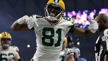 DETROIT, MI - JANUARY 1: Geronimo Allison #81 of the Green Bay Packers celebrates a touchdown while playing the Detroit Lions at Ford Field on January 1, 2017 in Detroit, Michigan (Photo by Gregory Shamus/Getty Images)