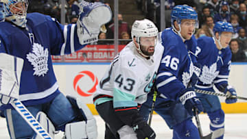 TORONTO, ON - MARCH 8: Colin Blackwell #43 of the Seattle Kraken skates against Ilya Lyubushkin #46 of the Toronto Maple Leafs at Scotiabank Arena on March 8, 2022 in Toronto, Ontario, Canada. (Photo by Claus Andersen/Getty Images)