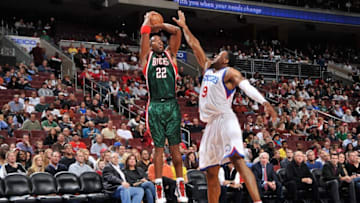 PHILADELPHIA - OCTOBER 30: Michael Redd #22 of the Milwaukee Bucks shoots over Andre Iguodala #9 of the Philadelphia 76ers during a game on October 30, 2009 at Wachovia Center in Philadelphia, Pennsylvania. The 76ers won 99-86. NOTE TO USER: User expressly acknowledges and agrees that, by downloading and/or using this Photograph, user is consenting to the terms and conditions of the Getty Images License Agreement. Mandatory Copyright Notice: Copyright 2009 NBAE (Photo by Jesse D. Garrabrant/NBAE via Getty Images)