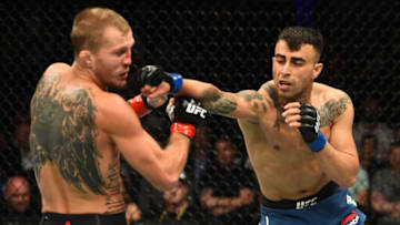 LIVERPOOL, ENGLAND - MAY 27: (R-L) Makwan Amirkhani of Kurdistan punches Jason Knight in their featherweight bout during the UFC Fight Night event at ECHO Arena on May 27, 2018 in Liverpool, England. (Photo by Josh Hedges/Zuffa LLC/Zuffa LLC via Getty Images)