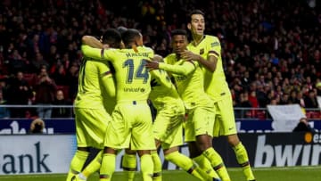 MADRID, SPAIN - NOVEMBER 24: Ousmane Dembele of FC Barcelona, Malcom of FC Barcelona, Gerard Pique of FC Barcelona, Malcom of FC Barcelona, Sergio Busquets of FC Barcelona during the La Liga Santander match between Atletico Madrid v FC Barcelona at the Estadio Wanda Metropolitano on November 24, 2018 in Madrid Spain (Photo by David S. Bustamante/Soccrates/Getty Images)