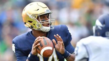 Sep 10, 2016; South Bend, IN, USA; Notre Dame Fighting Irish quarterback DeShone Kizer (14) looks to throw in the first quarter against the Nevada Wolf Pack at Notre Dame Stadium. Mandatory Credit: Matt Cashore-USA TODAY Sports