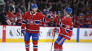 MONTREAL, QC - MARCH 26: Brett Kulak #17 and Jesperi Kotkaniemi #15 of the Montreal Canadiens celebrate after scoring a goal against the Florida Panthers in the NHL game at the Bell Centre on March 26, 2019 in Montreal, Quebec, Canada. (Photo by Francois Lacasse/NHLI via Getty Images)