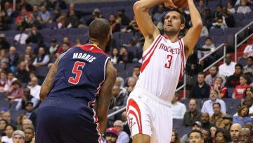 Nov 7, 2016; Washington, DC, USA; Houston Rockets forward Ryan Anderson (3) shoots the ball over Washington Wizards forward Markieff Morris (5) in the first quarter at Verizon Center. Mandatory Credit: Geoff Burke-USA TODAY Sports