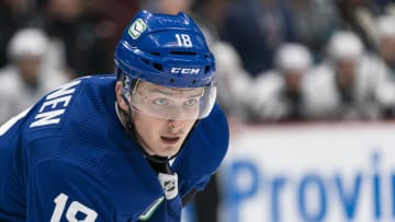 VANCOUVER, BC - JANUARY 18: Jake Virtanen #18 of the Vancouver Canucks during NHL action against the San Jose Sharks at Rogers Arena on January 18, 2020 in Vancouver, British Columbia, Canada. (Photo by Rich Lam/Getty Images)