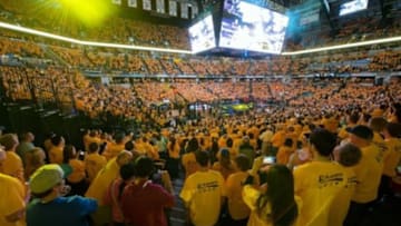May 3, 2014; Indianapolis, IN, USA; The Indiana Pacers are introduced before game seven of the first round of the 2014 NBA Playoffs at Bankers Life Fieldhouse. Mandatory Credit: Marc Lebryk-USA TODAY Sports