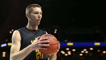 Mar 17, 2016; Brooklyn, NY, USA; Iowa Hawkeyes forward Jarrod Uthoff (20) during a practice day before the first round of the NCAA men
