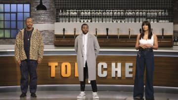 TOP CHEF -- "Pan African Portland" Episode 1803 -- Pictured: (l-r) Gregory Gourdet, Kwame Onwuachi, Padma Lakshmi -- (Photo by: David Moir/Bravo)