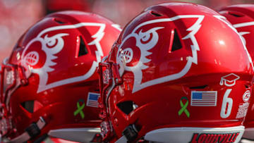 LOUISVILLE, KY - SEPTEMBER 24: A detailed view of a Louisville Cardinals helmet is seen during the game against the South Florida Bulls at Cardinal Stadium on September 24, 2022 in Louisville, Kentucky. (Photo by Michael Hickey/Getty Images)