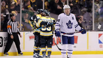Morgan Rielly of the Toronto Maple Leafs skates away after hte Boston Bruins scored. (Photo by Maddie Meyer/Getty Images)