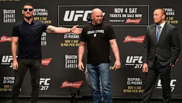LAS VEGAS, NV - OCTOBER 06: (L-R) Opponents Michael Bisping and Georges St-Pierre face off during the UFC 217 news conference inside T-Mobile Arena on October 6, 2017 in Las Vegas, Nevada. (Photo by Jeff Bottari/Zuffa LLC/Zuffa LLC via Getty Images)