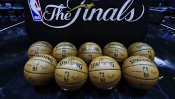 Jun 5, 2014; San Antonio, TX, USA; A view of NBA basketballs and the NBA Finals logo before game one of the 2014 NBA Finals between the San Antonio Spurs and the Miami Heat at AT&T Center. Mandatory Credit: Bob Donnan-USA TODAY Sports