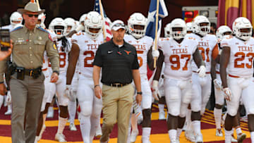 LOS ANGELES, CA - SEPTEMBER 16: Texas Head Coach Tom Herman leads his team out before a college football game between the Texas Longhorns and the USC Trojans on September 16, 2017, at Los Angeles Memorial Coliseum in Los Angeles, CA. (Photo by Brian Rothmuller/Icon Sportswire via Getty Images)