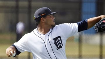 Feb 23, 2016; Lakeland, FL, USA; Detroit Tigers starting pitcher Joe Jimenez (77) warms up during the Detroit Tigers spring training camp at Joker Merchant Stadium. Mandatory Credit: Reinhold Matay-USA TODAY Sports