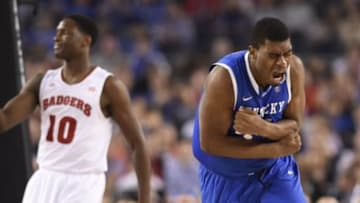 Apr 5, 2014; Arlington, TX, USA; Kentucky Wildcats center Dakari Johnson (44) celebrates after scoring against the Wisconsin Badgers in the second half during the semifinals of the Final Four in the 2014 NCAA Mens Division I Championship tournament at AT&T Stadium. Mandatory Credit: Bob Donnan-USA TODAY Sports