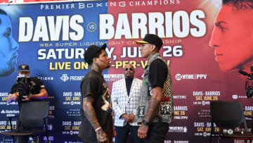 ATLANTA, GA - MAY 20: Gervonta Davis, Leonard Ellerbe and Mario Barrios attend a Press Conference for the WBA Super Lightweight Championship at State Farm Arena on May 20, 2021 in Atlanta, Georgia.(photo by Prince Williams/Getty Images)