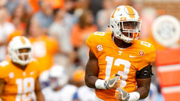KNOXVILLE, TN - SEPTEMBER 09: Deandre Johnson #13 of the Tennessee Volunteers reacts after forcing a fumble during the second half of the game against the Indiana State Sycamores at Neyland Stadium on September 9, 2017 in Knoxville, Tennessee. (Photo by Michael Reaves/Getty Images)