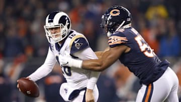 CHICAGO, IL - DECEMBER 09: Quarterback Jared Goff #16 of the Los Angeles Rams receives pressure from Khalil Mack #52 of the Chicago Bears in the first quarter at Soldier Field on December 9, 2018 in Chicago, Illinois. (Photo by Joe Robbins/Getty Images)