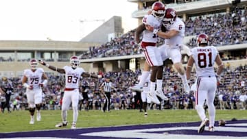 Oct 1, 2016; Fort Worth, TX, USA; Oklahoma Sooners wide receiver Dede Westbrook (11) celebrates with quarterback Baker Mayfield (6) after catching a touchdown pass during the first half against the TCU Horned Frogs at Amon G. Carter Stadium. Mandatory Credit: Kevin Jairaj-USA TODAY Sports