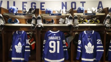 TORONTO, ON - JULY 1: The jersey of John Tavares #91 of the Toronto Maple Leafs, hangs in the Toronto Maple Leafs' dressing room, after Tavares signed with the Toronto Maple Leafs, at the Scotiabank Arena on July 1, 2018 in Toronto, Ontario, Canada. (Photo by Mark Blinch/NHLI via Getty Images)