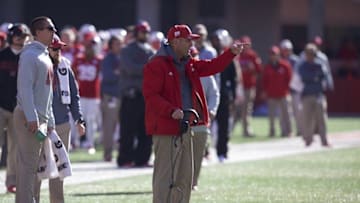 Nov 19, 2016; Lincoln, NE, USA; Nebraska Cornhuskers head coach Mike Riley gestures during the game against the Maryland Terrapins in the second half at Memorial Stadium. Nebraska won 28-7. Mandatory Credit: Bruce Thorson-USA TODAY Sports
