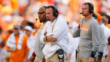 KNOXVILLE, TN - OCTOBER 14: Head coach Butch Jones of the Tennessee Volunteers reacts against the against the South Carolina Gamecocks at Neyland Stadium on October 14, 2017 in Knoxville, Tennessee. (Photo by Michael Reaves/Getty Images)