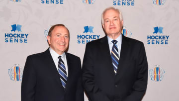 TORONTO, ON - SEPTEMBER 19: Gary Bettman and Don Fehr at Hockey SENSE, in partnership with the NHL, NHLPA and Beyond Sport at the World Cup of Hockey 2016 at Hockey Hall of Fame on September 19, 2016 in Toronto, Ontario, Canada. (Photo by Graig Abel/World Cup of Hockey via Getty Images)