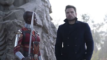 (L-R): Ayo (Florence Kasumba) and Winter Soldier/Bucky Barnes (Sebastian Stan) in Marvel Studios’ THE FALCON AND THE WINTER SOLDIER. Photo by Chuck Zlotnick. ©Marvel Studios 2021. All Rights Reserved.