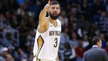NEW ORLEANS, LA - MARCH 11: Nikola Mirotic #3 of the New Orleans Pelicans reacts during the second half against the Utah Jazz at the Smoothie King Center on March 11, 2018 in New Orleans, Louisiana. NOTE TO USER: User expressly acknowledges and agrees that, by downloading and or using this Photograph, user is consenting to the terms and conditions of the Getty Images License Agreement. (Photo by Jonathan Bachman/Getty Images)